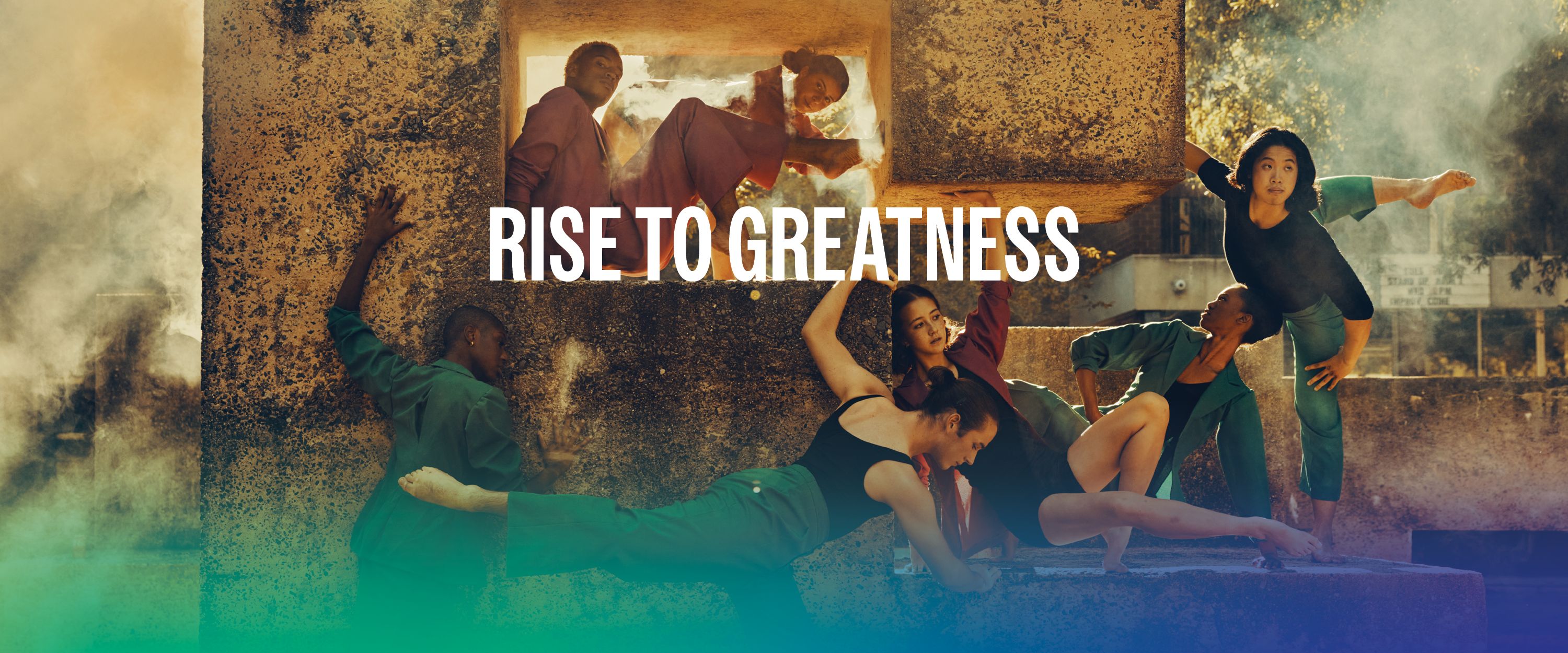 UNCSA dance students performing on campus with Rise to Greatness text overlaying the image