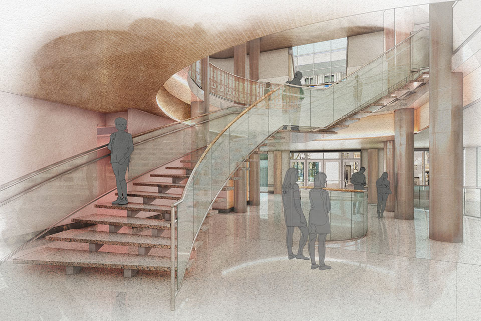 Conceptual rendering of the Stevens Center Lobby. Little Diversified Architectural Consulting/UNC School of the Arts