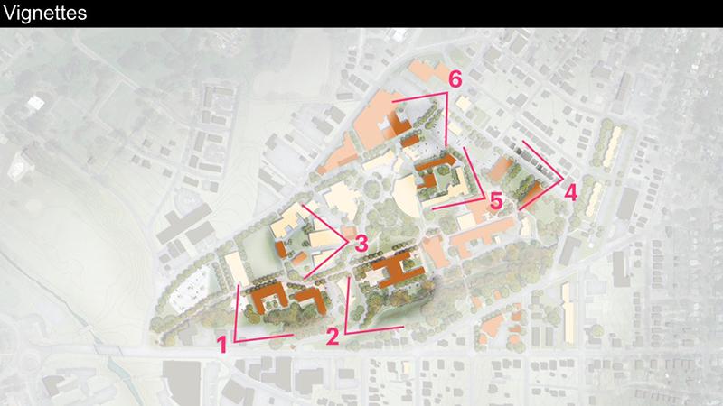 In architectural terms “vignette” means a quick drawing that clearly and succinctly expresses the characteristics of a design. They are intended to be loose sketches indicating the flavor of a design proposal without adding layers of detail. This Master Plan provides vignettes from six vantage points.