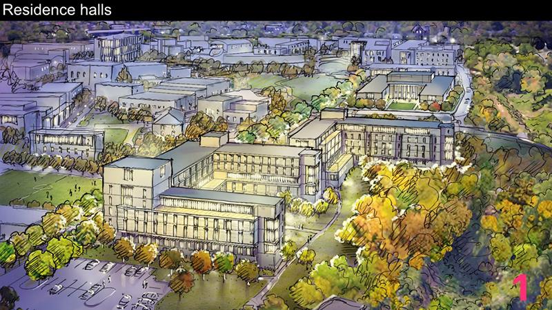 The proposed new housing will offer a range of unit types. This conceptual plan illustrates the location, size, and massing of the residence halls. The building located on the Lower Housing site is the proposed academic and performance building.