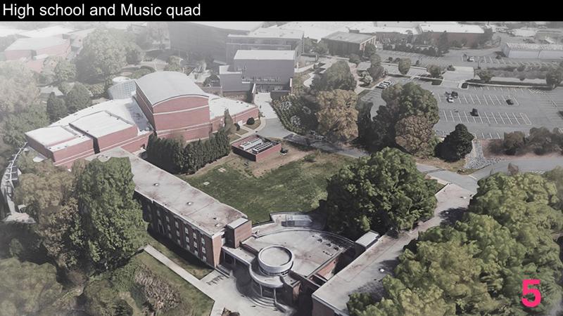 The School of Music and the High School residence halls both have opportunity for growth. This view, which shows the Connector Building between Moore and Sanford Halls, begins to suggest another opportunity to create a welcoming, active outdoor living and learning space.