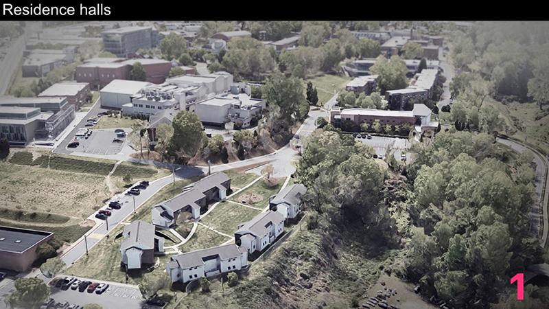 This aerial view shows Bailey Street Apartments in the foreground and Lower Housing in the far right. The Master Plan proposes to replace Bailey Street Apartments with new housing for 550 – 650 or more students.