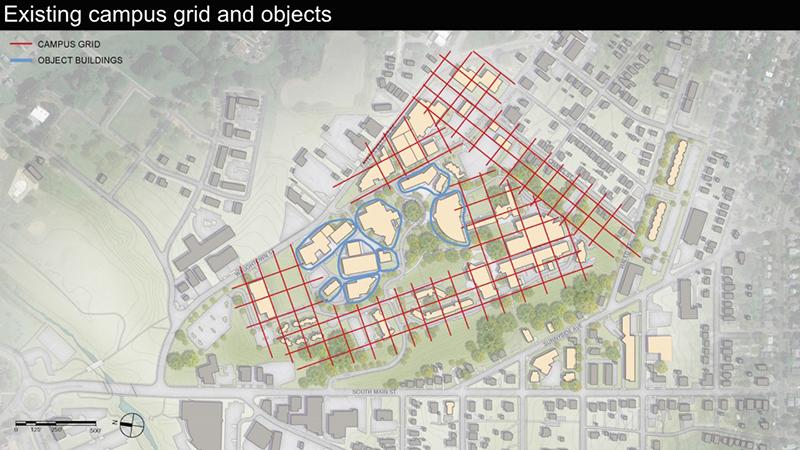 In analyzing the site it was determined that there are recognizable grids around the edges stitching many of the buildings together, and a series of object buildings floating within this framework. 