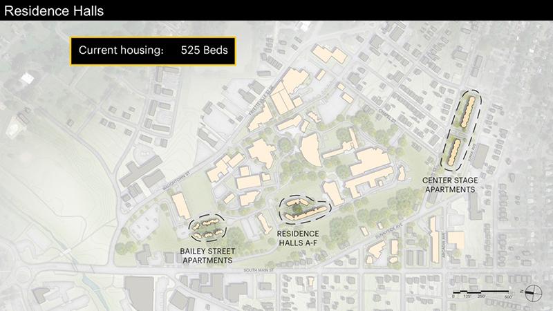 Current campus housing provides 525 beds across three Residence Hall communities.