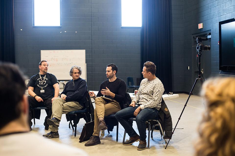 Alumni Billy Magnussen and Shane Andries, the Dean of Drama Scott Zigler and Drama Professor Dale Girard talk to students about self-taping and self-submitting auditions. / Photos: Roxanna Peykamian