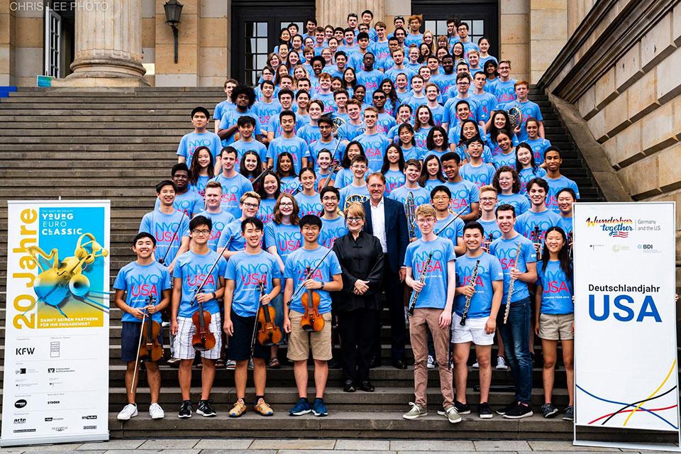 The National Youth Orchestra of the United States of America (NYO-USA) on the grand staircase of Konzerthaus Berlin. Photo: Chris Lee Photographer