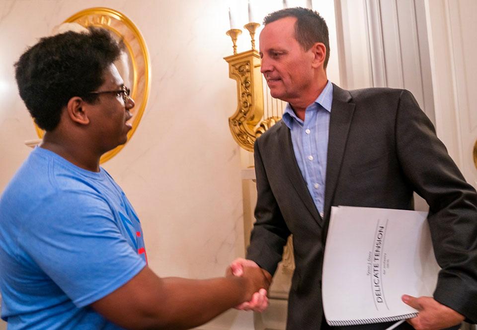 Tyson J. Davis (left) meets with U.S. Ambassador to Germany Richard Grenell prior to the performance of "Delicate Tension" in Berlin. Photo: Chris Lee Photographer