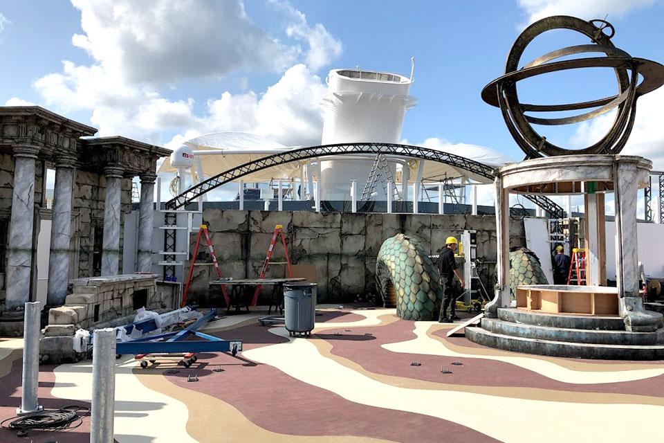 Installation of the laser tag arena took place over several weeks in the Netherlands, with crews of up to 22 people working at a time. (Scenic design by Jesse Poleshuck.)