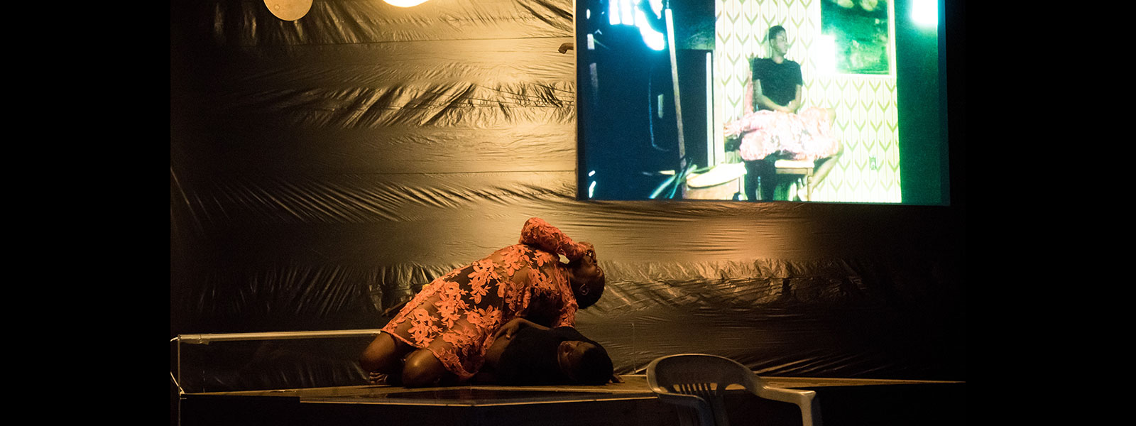 Okwui Okpokwasili performing with Katrina Reid in “Poor People’s TV Room.” Photo: Ian Douglas