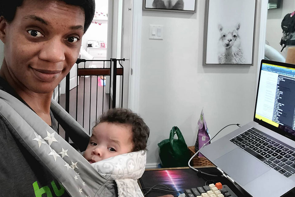 McMichael offers a glimpse into her work from home life during the pandemic, at her desk with her daughter.