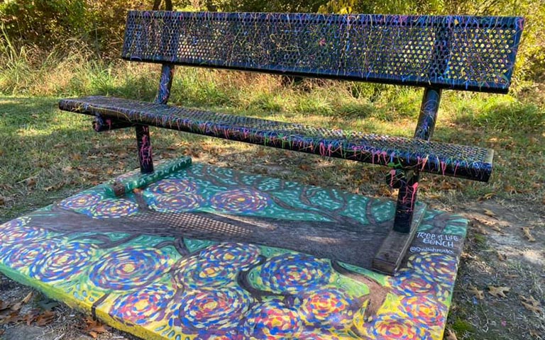Murals painted on sidewalks, benches and picnic tables in the Kings Forest neighborhood in November 2021. / Photos: Ryan Deal