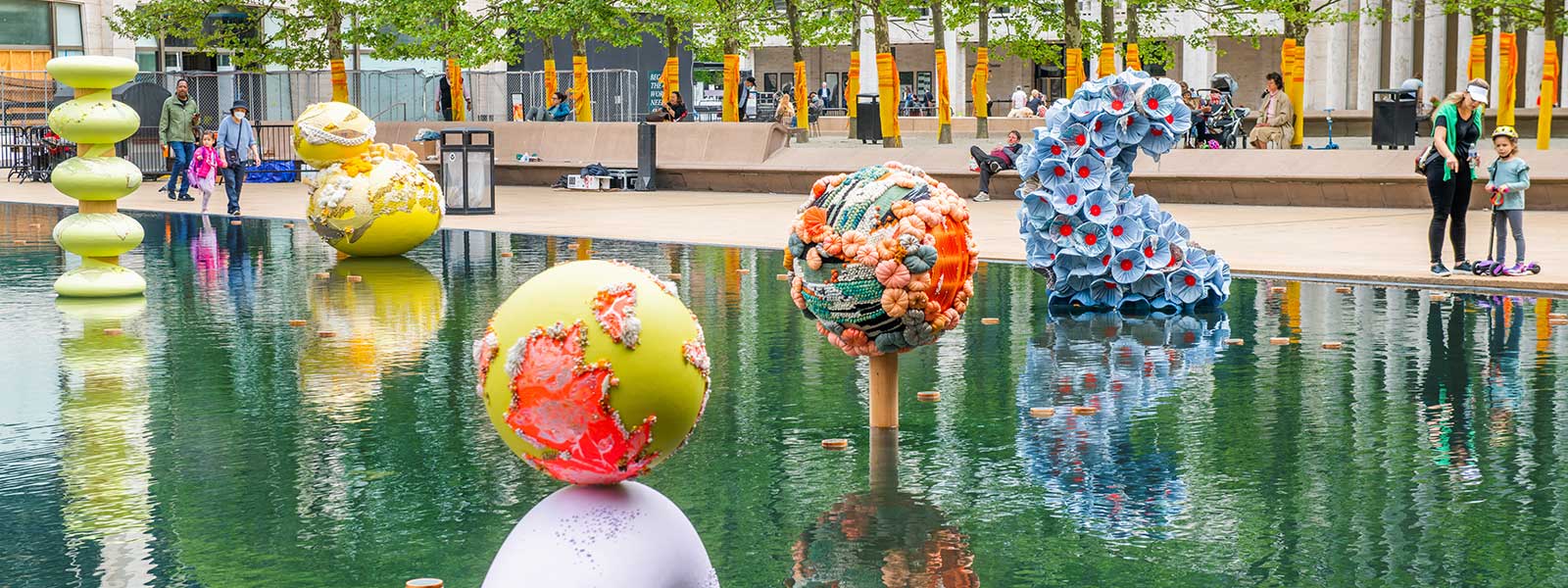 Sculptures at Phingbodhipakkiya's "Islands in the Sea" installation, Hearst Plaza, Lincoln Center. / Photo: Deb Fong