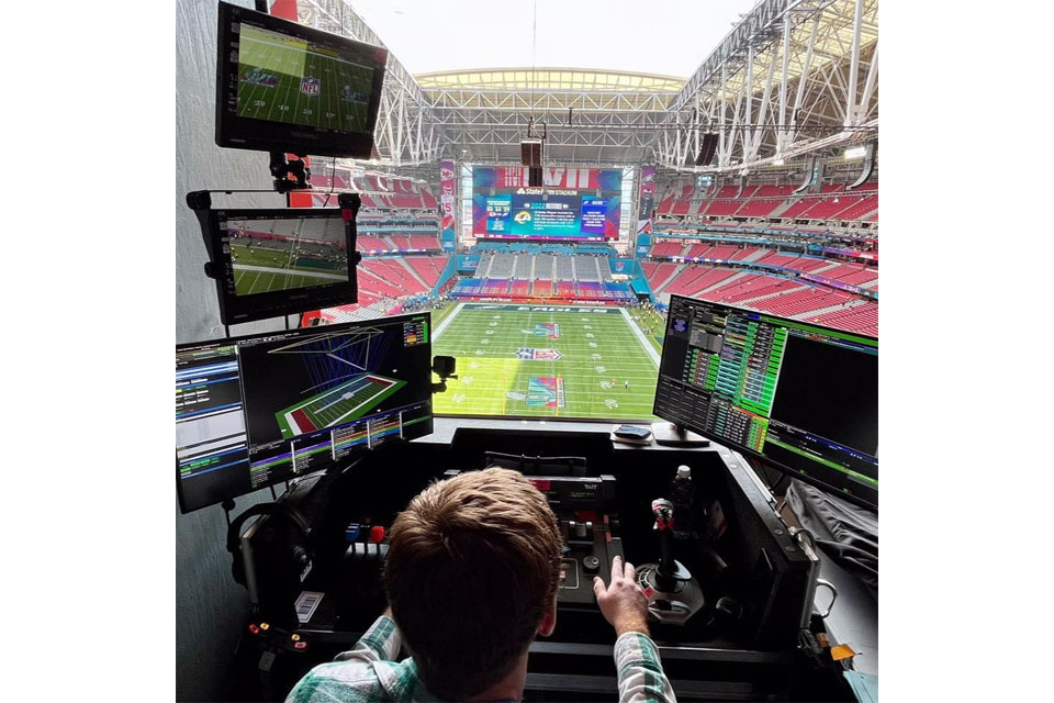 Design & Production alumnus Casey Roche (‘04) at the 2023 Super Bowl where he serves as the nav camera operator for Rihanna's halftime show.