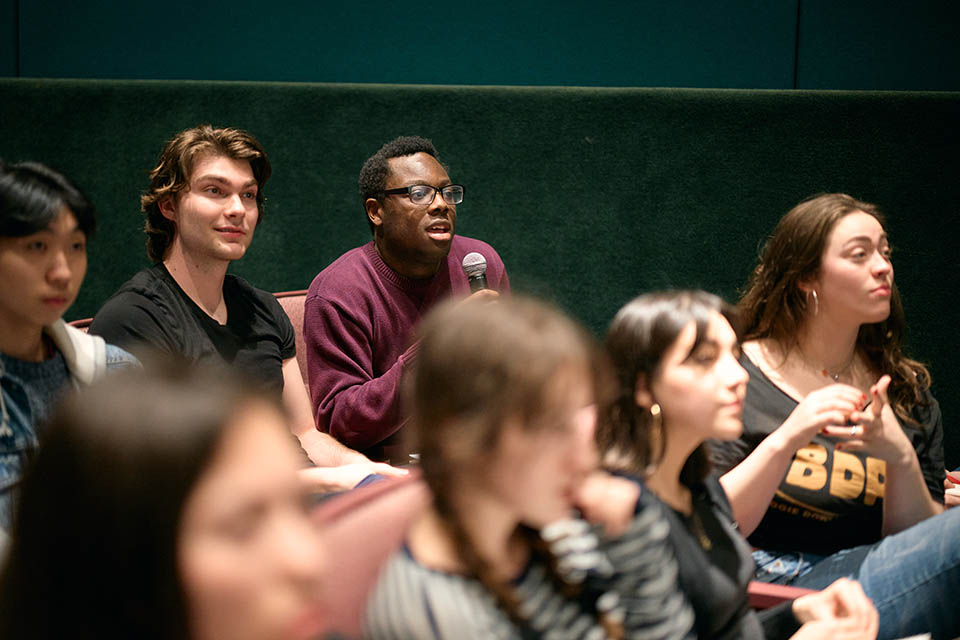 Students attending one of Taymor's 90-min demonstration lectures in a retrospective she calls “Essence and Spectacle.” / Photo: Wayne Reich