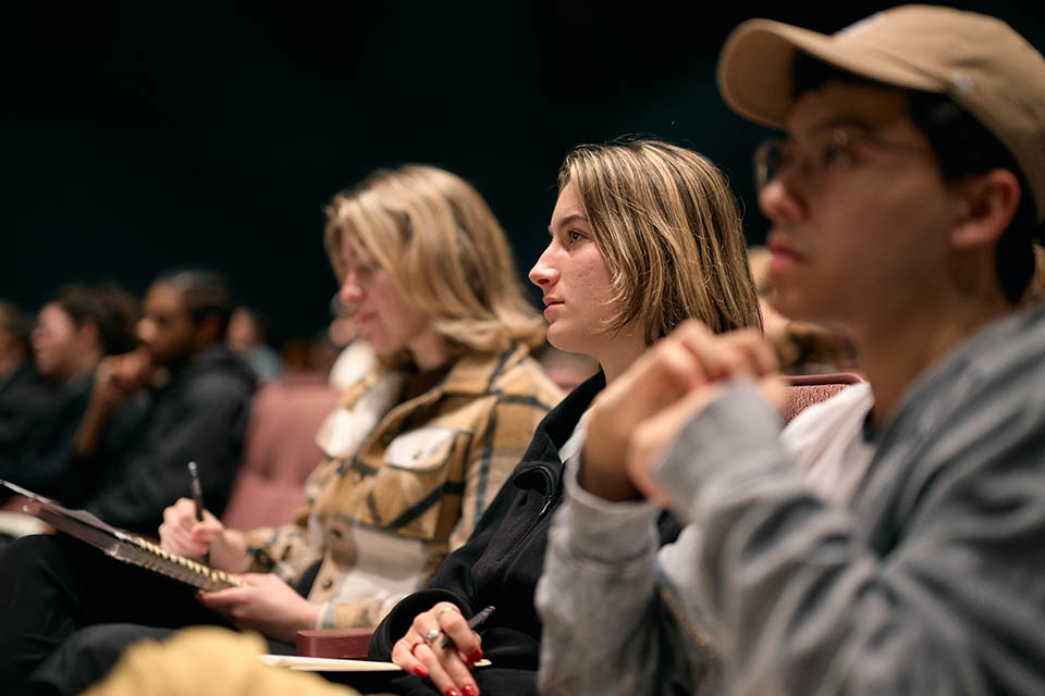 Students attending one of Taymor's 90-min demonstration lectures in a retrospective she calls “Essence and Spectacle.” / Photo: Wayne Reich