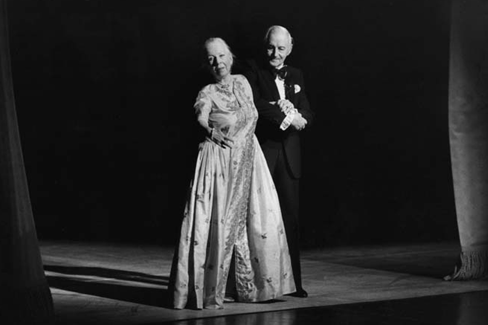 Choreographer Agnes de Mille and dancer Sir Anton Dolin on stage performing at the Stevens Center opening on April 22, 1983. / Photo credit: UNCSA Archives