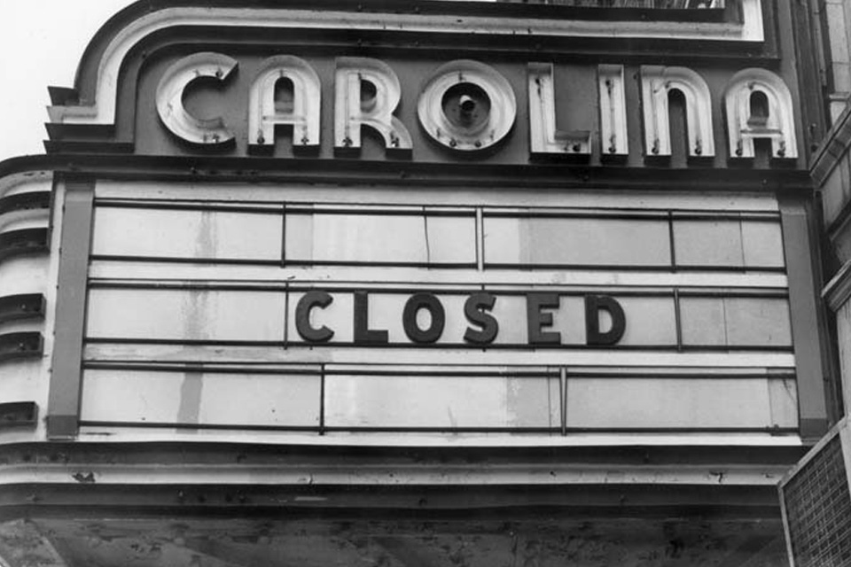 Carolina Theatre sign before demolition and renovation began (1980-81). / Photo credit: UNCSA Archives