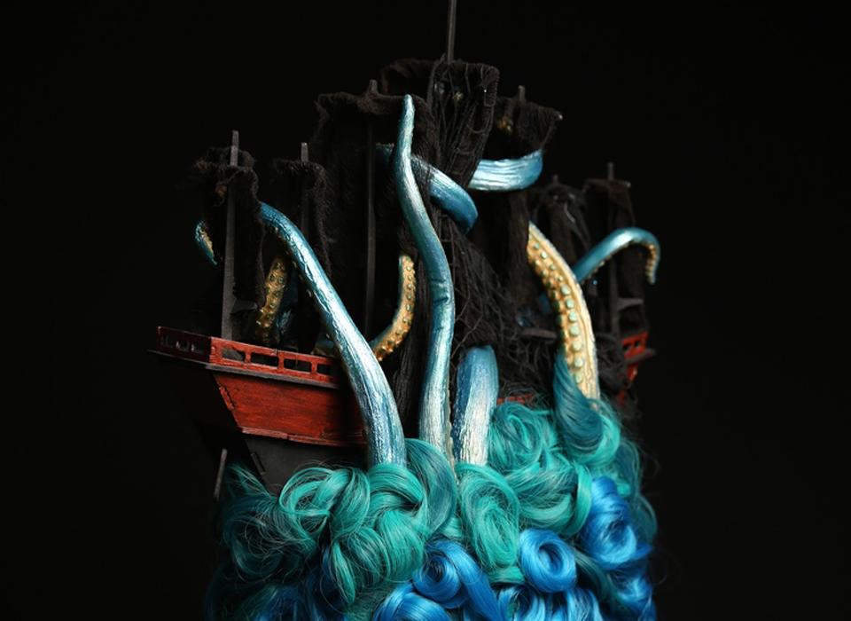 Ship Wig Project – Custom wig foundation with ventilated front. Hand built cage. Prosthetic foam urethane tentacles.  