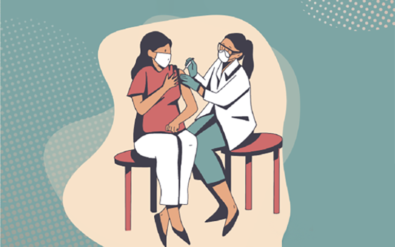A graphic of a woman getting a flu shot. 