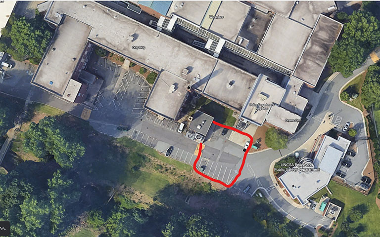 map of UNCSA campus pointing to the sinkhole on Kenan drive