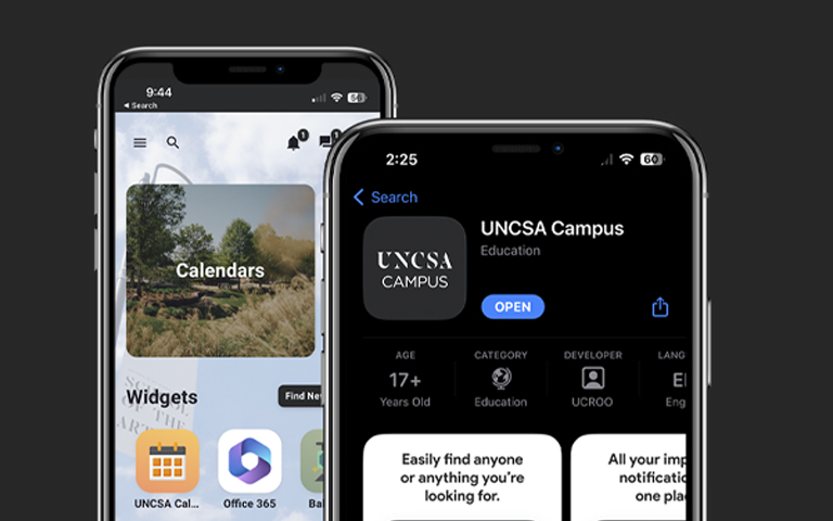 Images of the UNCSA Campus app on cell phones