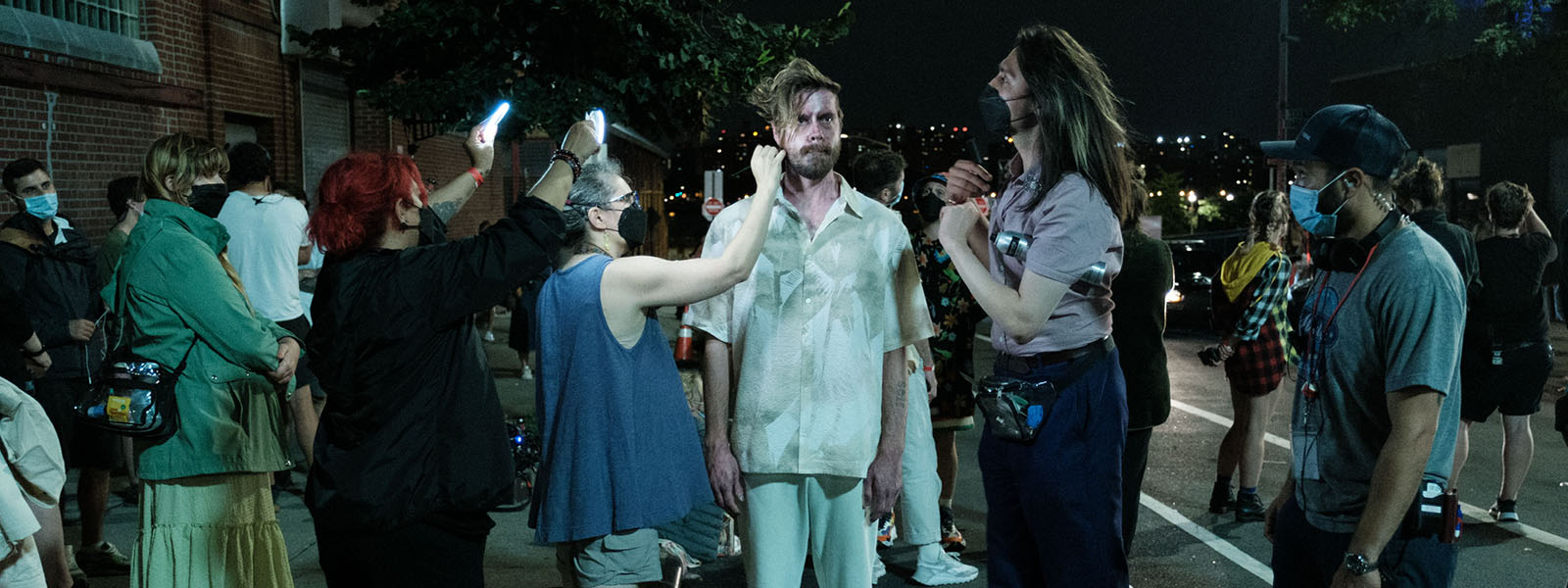 Makeup artists working on the set of "Search Party"