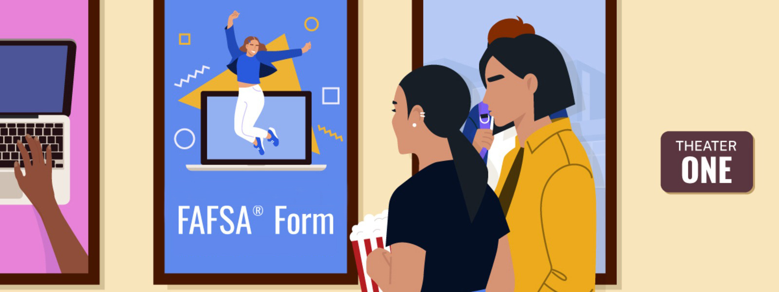 Graphic of theatre posters with one FAFSA poster