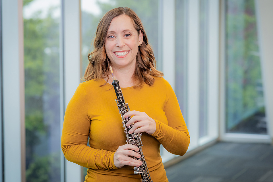 Rachel Messing poses with her oboe
