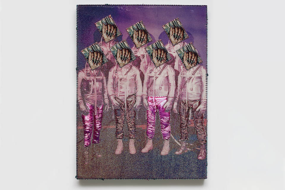 “The First Atlanticans,” April Bey, 2021, digitally woven tapestry, metallic cord, glitter (currency), hand sewing, epoxy resin on wood panel