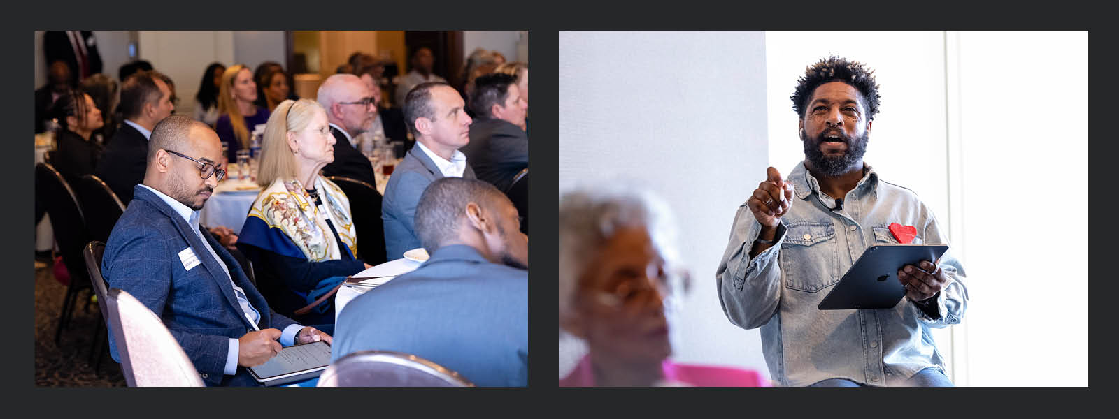 Left: A diverse audience of people seated at table watch a presentation; Right: A young Black man holding a tablet gives a presentation.