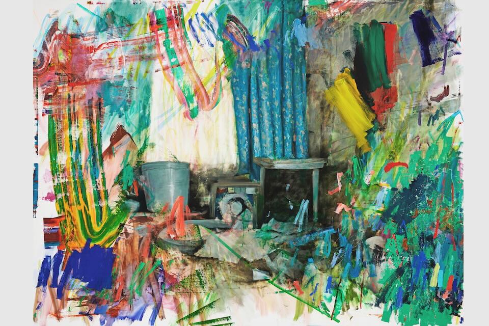 An image of a room interior facing a curtained window is overpainted with bold, colorful brush strokes