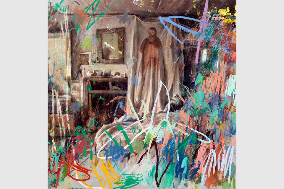 An image of a room interior with furniture and pictures on the wall is overpainted with bold, colorful brush strokes.