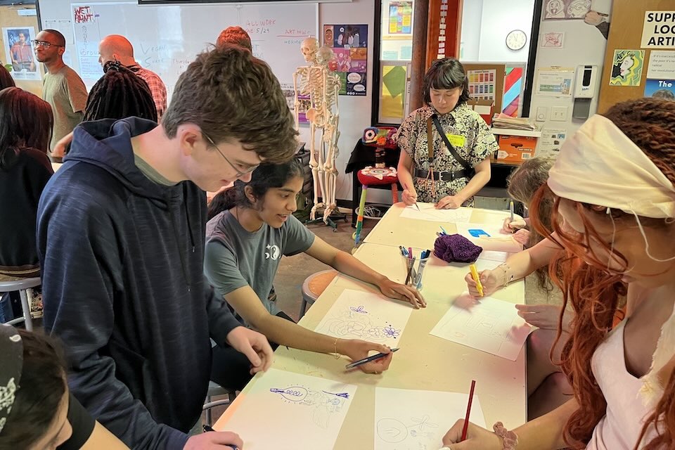 Visiting artist Jen de los Reyes, K-12 engagement, Raleigh Charter High School, April 2024