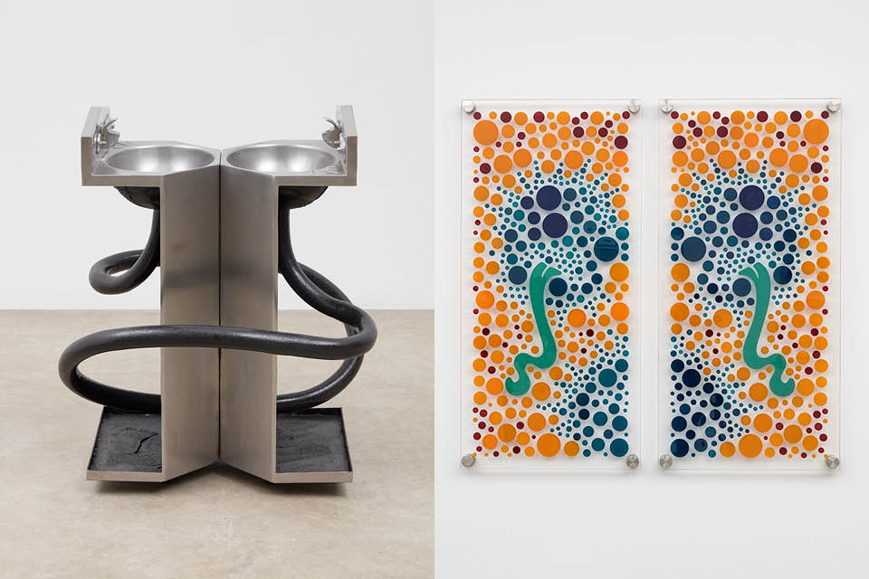 Left: Two metal drinking fountains joined together with tubing connecting them; Right: Two plexiglass panels covered with orange and blue circles with a green swoop on each.