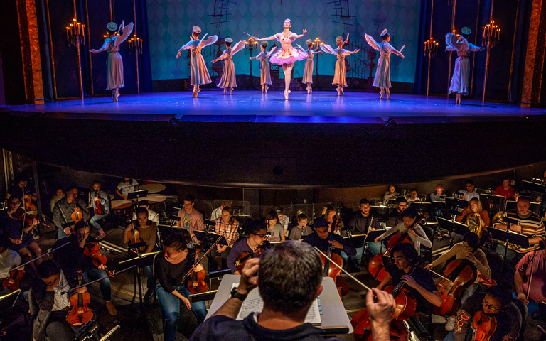 Dances on stage and the orchestra playing at a performance of "The Nutcracker."
