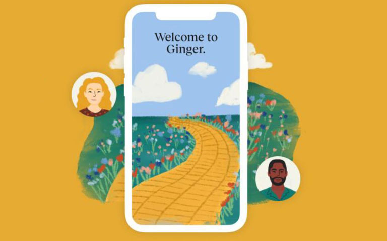 Ginger app on a smartphone with a yellow-brick road and flowers on both sides