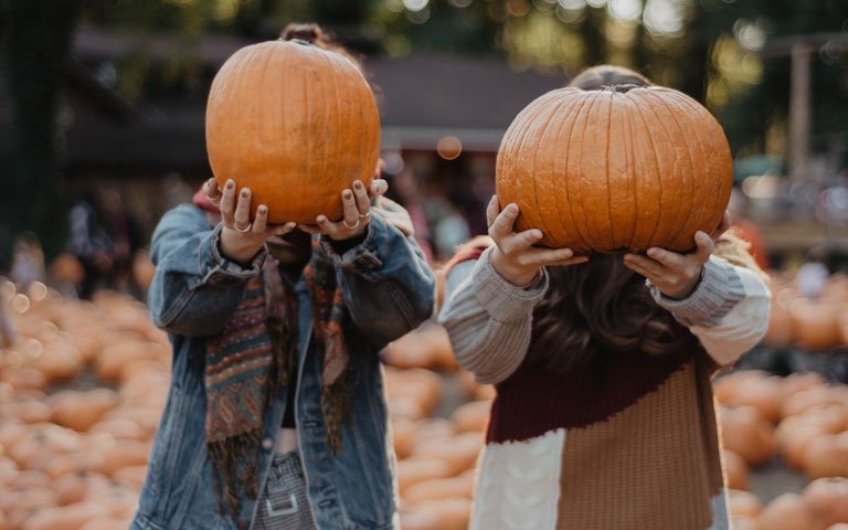 People holding pumpkins in front of their heads.