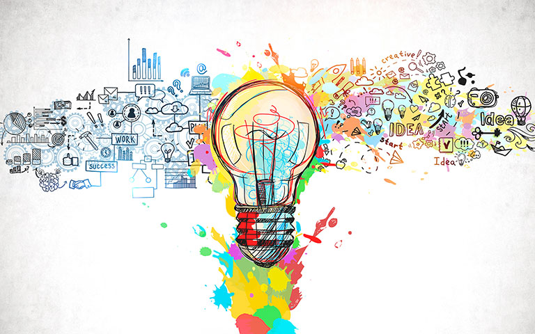 Illustration of ideas moving through a light bulb