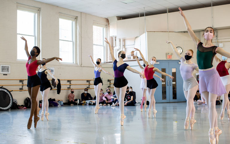 Dancers on point during "The Nutcracker" rehearsal in Studio A