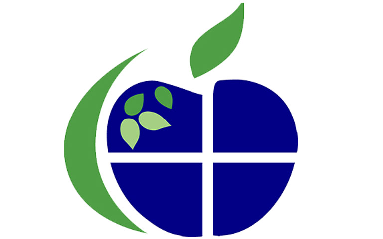 a logo shaped like an apple cut in four blue quadrants with a green leaf atop.