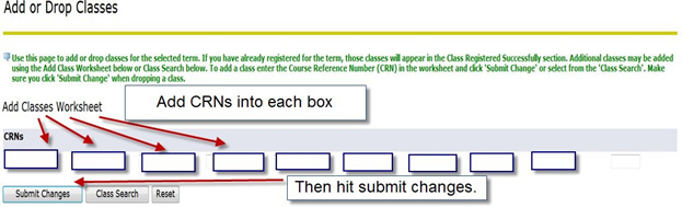 Enter the CRN information in the empty field boxes to add or drop a class.