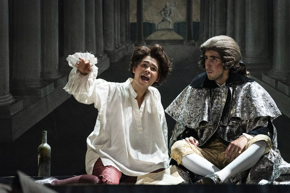 Trevyn Wong (left), as Mozart, and Arman Hakimattar (right), as Salieri. in the UNCSA production of "Amadeus" by Peter Shaffer / Photo: Allison Isley
