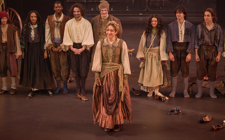 2023 School of Drama graduate Alyssa James on stage at the production of Mother Courage. / Photo: Wayne Reich