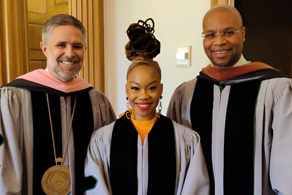 From left: From left: UNCSA Chancellor Brian Cole, alumna Camille A. Brown, and vice chancellor and provost Patrick Sims at University Commencement