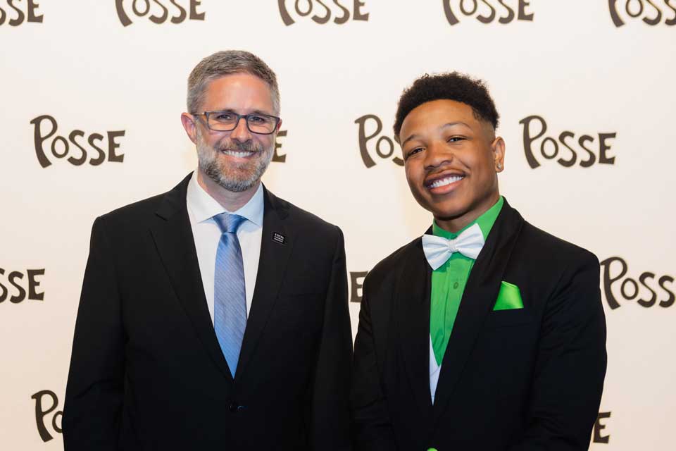 Chancellor Brian Cole with Drama student and Posse Scholar Devin Gibbs