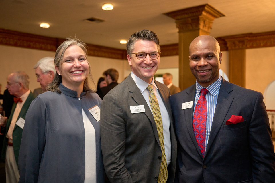 Dean Rachel Williams (left) with Kevin Bitterman and Patrick Sims at the 2023 UNCSA Chancellor's Circle Dinner/ Photo: Wayne Reich