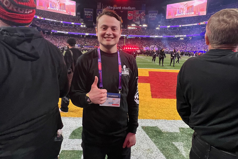 Lighting alumnus Will Witner at the 2024 Super Bowl where he served as a Field Team Member with RocNation. / Photo: Contributed