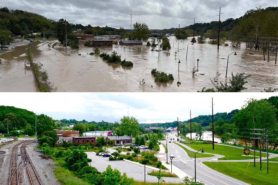 Before and after photos of part of Asheville's River Arts District / Photo courtesy of Emile Rizzo-Banks