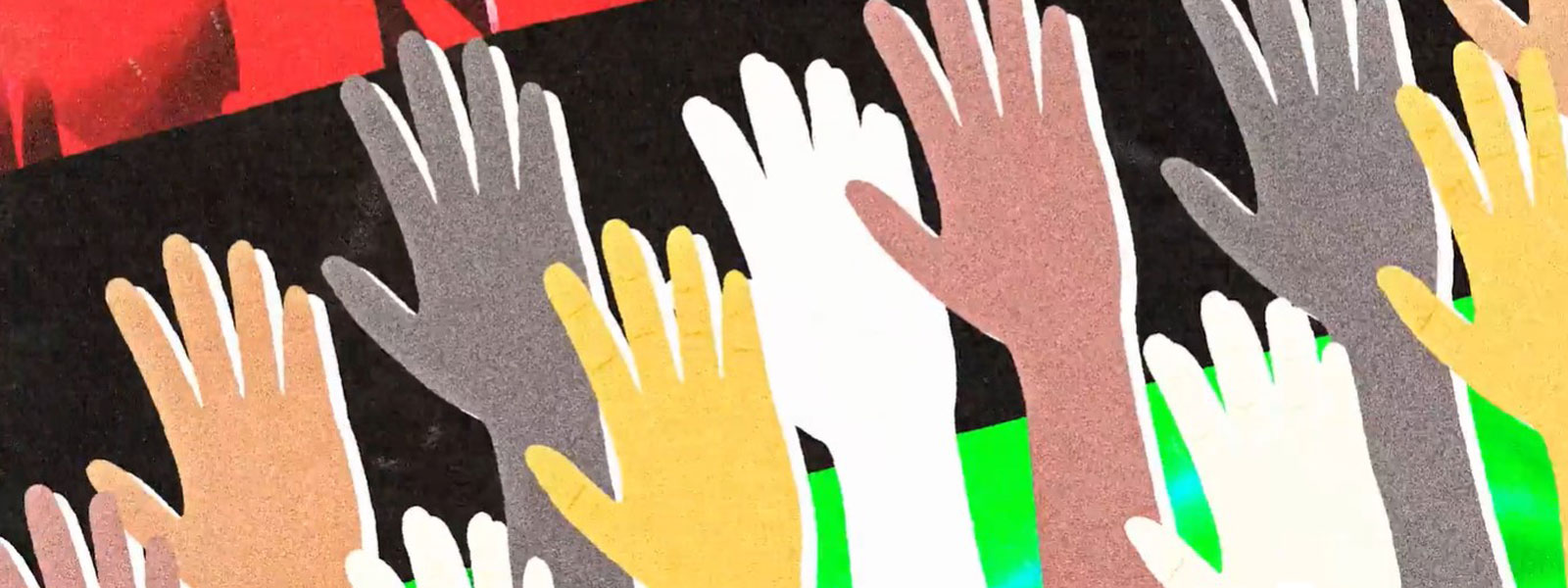  A vibrant poster featuring numerous hands reaching upward against a colorful background, symbolizing unity and aspiration.
