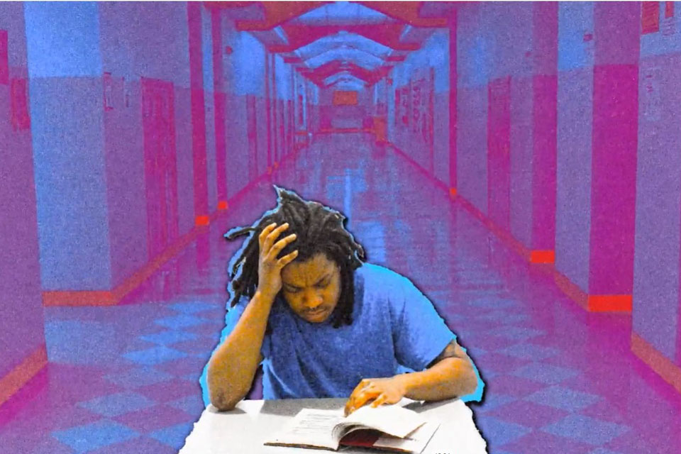 A man seated at a table, focused on a book placed in front of him.